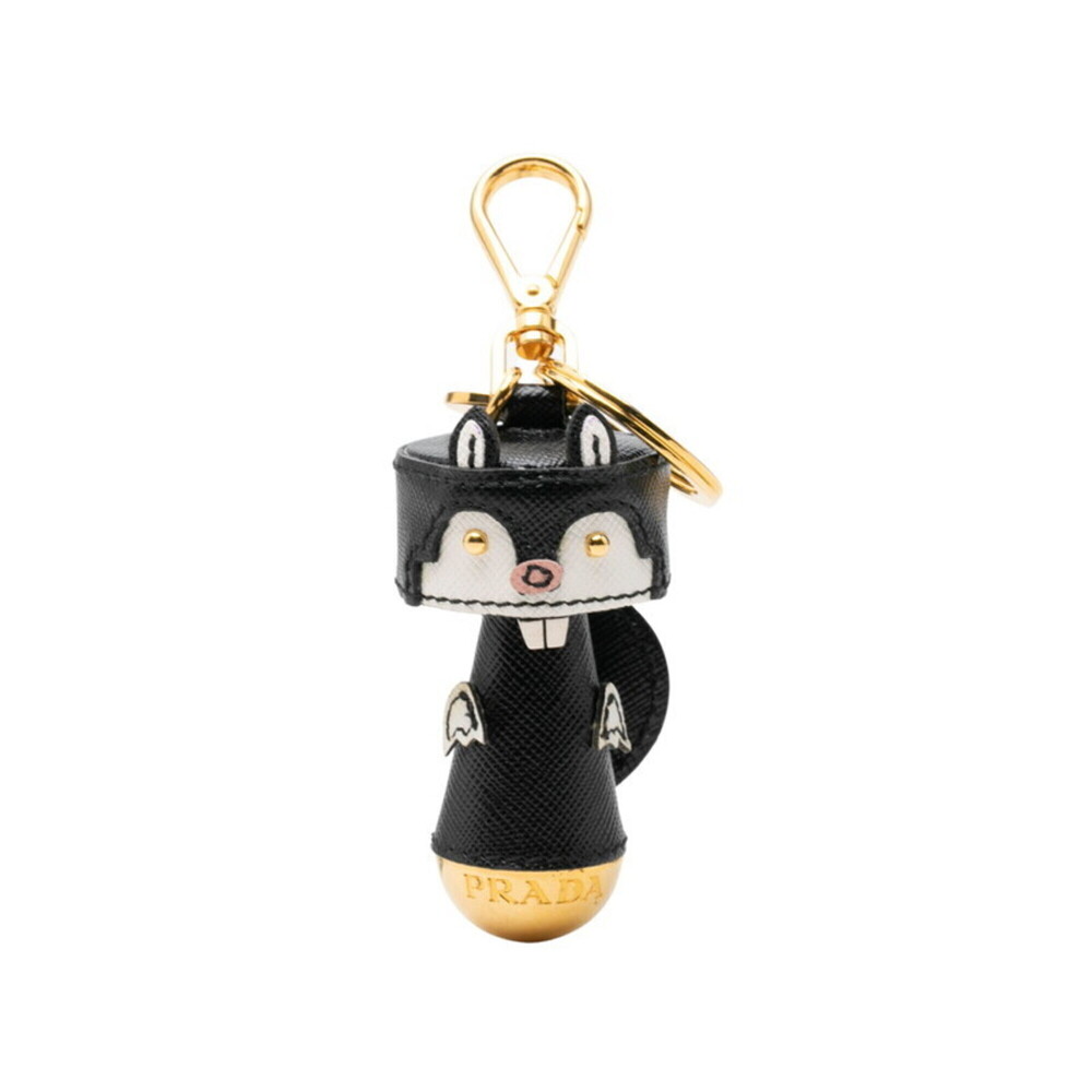 Prada Beaver Motif Keychain Charm, White, Black, Gold Plated, Saffiano Leathe...
